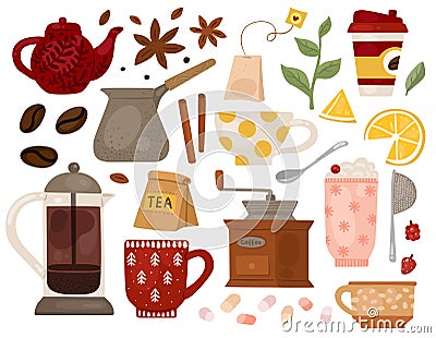 Hot drinks. Different coffee and tea accessories. Spices and flavoring additives. Bean grinders. Teapots with cups Vector Illustration