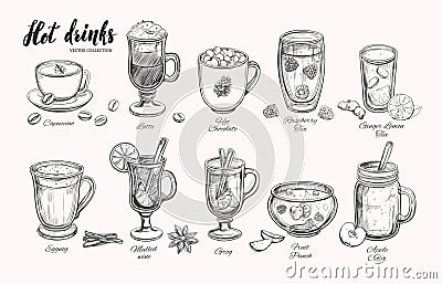 Hot drinks. Vector Christmas Winter collection. Different beverages in sketch style. Coffee, Tea, Mulled wine, Punch, Grog, Cider Vector Illustration