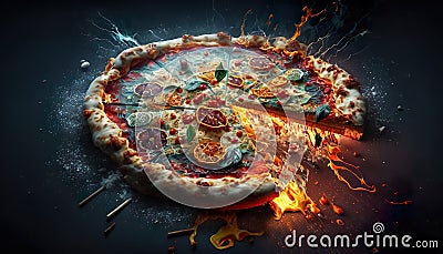 Hot Exploding Pizza, Flying Topings Food Design - Generative AI Stock Photo