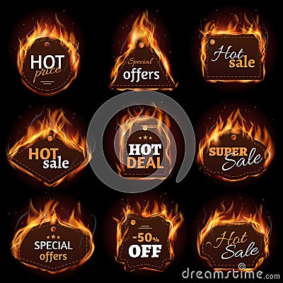 Hot fire sale, price, deal, offer labels, tag, badge set Vector Illustration