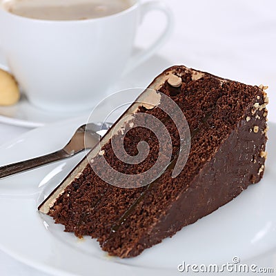 Hot fresh coffee and sweet cake chocolate tart dessert Stock Photo