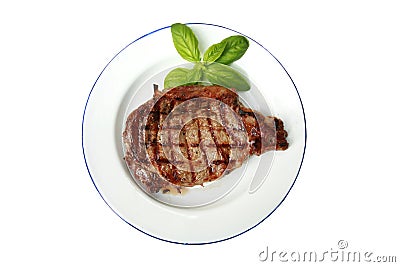 Hot fresh grilled boneless rib eye steak isolated on white with barbecue grill marks in the meat Stock Photo