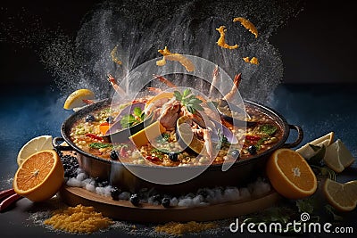 Hot fresh paella, national spanish dish in frying pan, levitating vegetables ingredients. Cartoon Illustration