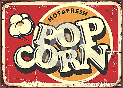 Hot and fresh popcorn vintage metal plate Vector Illustration