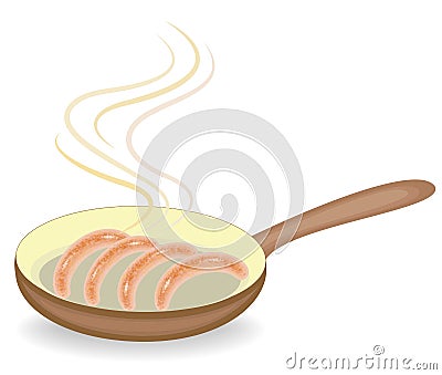 On a hot frying pan fried sausages. Meat products are delicious and nutritious food for breakfast, lunch and dinner. Vector Cartoon Illustration