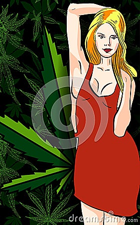 Hot girl with marijuana leafs Stock Photo