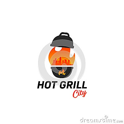 Hot grill city logo, grill steak restaurant logo with city silhouette Vector Illustration