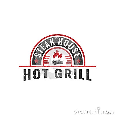 Hot Grill Steak house rustic logo emblem, Vintage Retro barbecue Grill vector illustration symbol Vector Illustration
