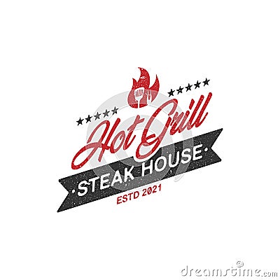 Hot Grill Steak house rustic logo emblem, Vintage Retro barbecue Grill vector illustration symbol Vector Illustration