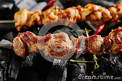 Hot Grilled Pork Kebab or Barbecue Shashlik Stock Photo