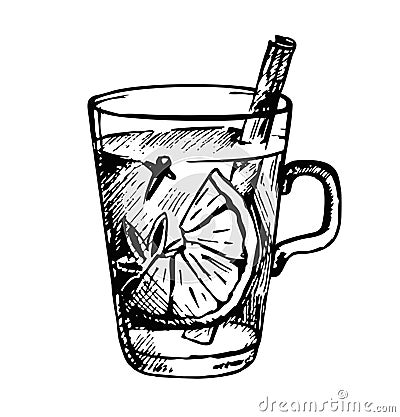 Hot grog cocktail. Hand-drawn sketch style Christmas winter or autumn warm drink in a coupe glass garnished with cloves Vector Illustration