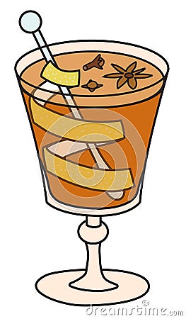 Hot grog cocktail. Stylish hand-drawn doodle cartoon style Christmas winter or autumn warm drink in a cope glass Vector Illustration