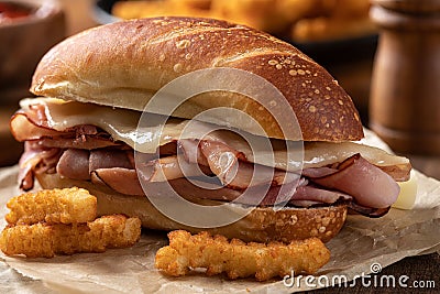 Hot ham and cheese submarine sandwich Stock Photo