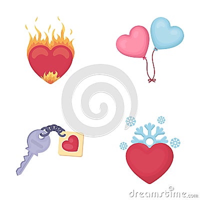 Hot heart, balloons, a key with a charm, a cold heart. Romantic set collection icons in cartoon style vector symbol Vector Illustration