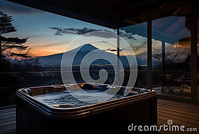 hot jakuzzi bathtub with water on winter mountain background, Fuji peak and warm bath Stock Photo