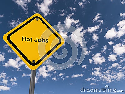 hot jobs traffic sign on blue sky Stock Photo