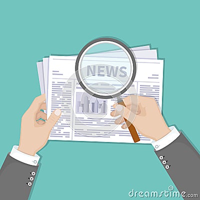 Hot latest news. Businessman hands holding magnifying glass over a newspaper with titles and photo. Top view. Vector Illustration