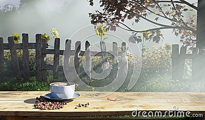 Hot latte coffee on old wooden table in sunflowers garden with fog clouds and autumn tree morning light scene Cartoon Illustration
