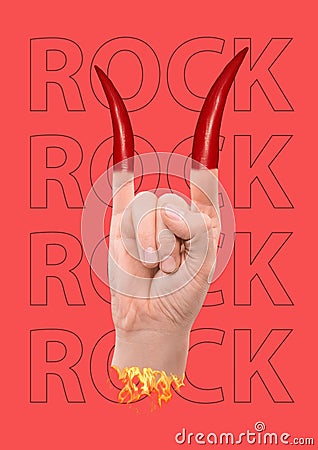 Hot like rock music. Modern design. Contemporary pop-art collage. Stock Photo