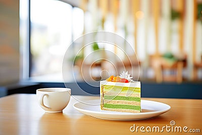 hot matcha latte with a slice of cake, caf setting Stock Photo