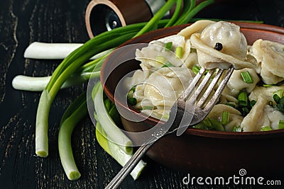 Hot meat pelmeni server in dish Stock Photo