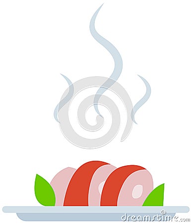 Fried, roasted meat, grilled steak with hot steam. Serving beef, pork dish with vegetables on plate Vector Illustration