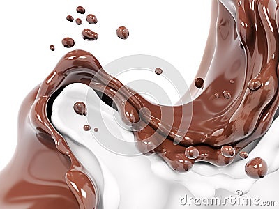 Hot melted chocolate and milk shake, sauce or syrup, pouring chocolate wave or flow splash, cocoa drink or milkshake, swirl Stock Photo