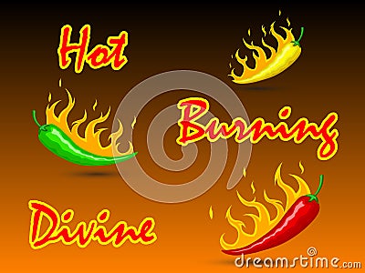 Hot mexican chili peppers. Red, green and yellow peppers with fire and burning. Vector horizontal Vector Illustration