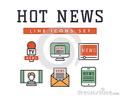 Hot news icons flat style colorful set websites mobile and print media newspaper communication concept internet Vector Illustration