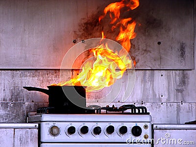 Hot Oil Fire in Kitchen Stock Photo