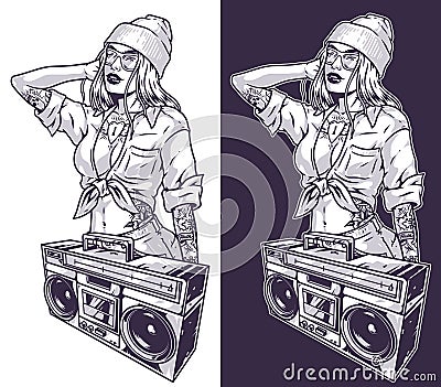 Hot party girl monochrome sticker Vector Illustration