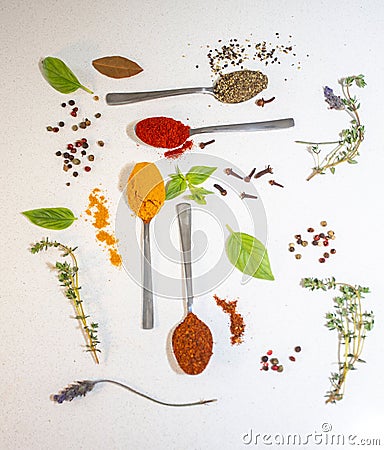 Hot pepper, thyme, basil, paprika, turmeric and other spices Stock Photo