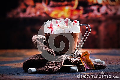 Hot peppermint chocolate with marshmallows and raspberry syrup Stock Photo