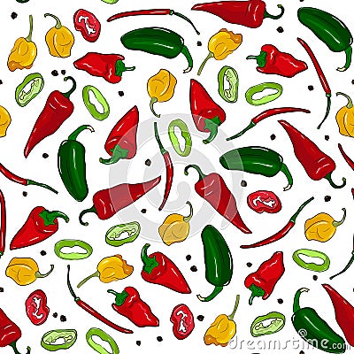 Hot peppers seamless pattern. Red peppers Vector Illustration