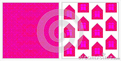 Hot pink fuchsia seamless print set with cute houses and burlap or canvas texture. Vector Illustration