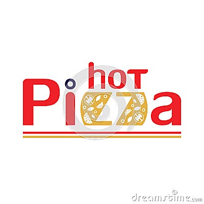 Hot pizza lettering, pizza slices Cartoon Illustration