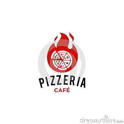 Hot pizza logo with fire flame spicy hot icon for a cafe and restaurant Vector Illustration