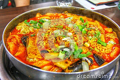 Hot pot of budae jjigae Stock Photo