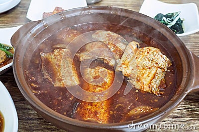 Hot pot of spicy soy sauce and braised cutlass fish famous in Jeju Island, South Korea Stock Photo
