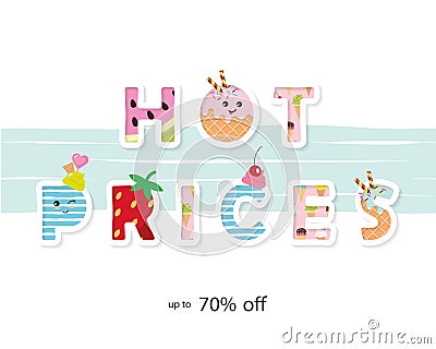 Hot prices. Summer sale banner. Funny cartoon letters. Vector Vector Illustration