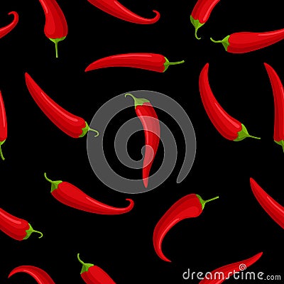 Hot red Chilly peppers on black seamless pattern background, cartoon mexican chilli, paprika icon signs. Spicy food Vector Illustration