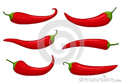 Hot red Chilly peppers set isolated on white background, cartoon mexican chilli, paprika icon signs. Spicy food symbols Vector Illustration