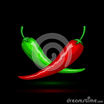 Hot red and green mexican peppers with reflection, isolated on black background. Vector square orientation Vector Illustration