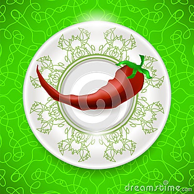 Hot Red Pepper on White Plate Vector Illustration