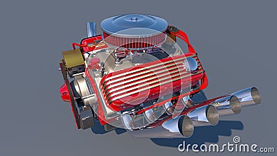 Hot rod engine. 3D render Cartoon Illustration