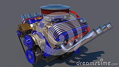 Hot rod engine. 3D render Cartoon Illustration