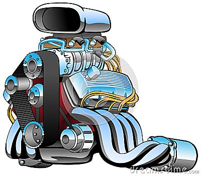 Hot rod race car engine cartoon, lots of chrome, huge intake, fat exhaust pipes, vector illustration Vector Illustration
