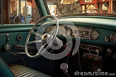 hot rods dashboard with classic gauges and steering wheel Stock Photo