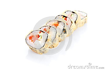 Hot Roll Tempura Royal, salmon, salmon caviar, cream cheese, avocado Stock Photo