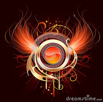 Hot round banner with fiery wings Vector Illustration